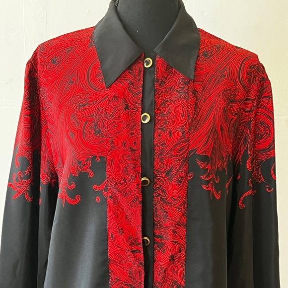 Leslie Fay red and black, long sleeve button down shirt - Picture 3 of 15